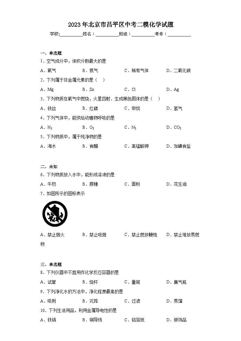2023年北京市昌平区中考二模化学试题（无答案）第1页