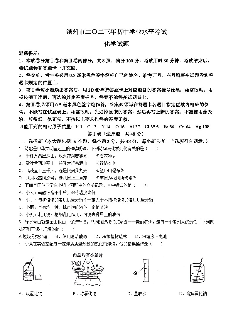 2023年山东省滨州市中考化学中考真题(无答案)第1页