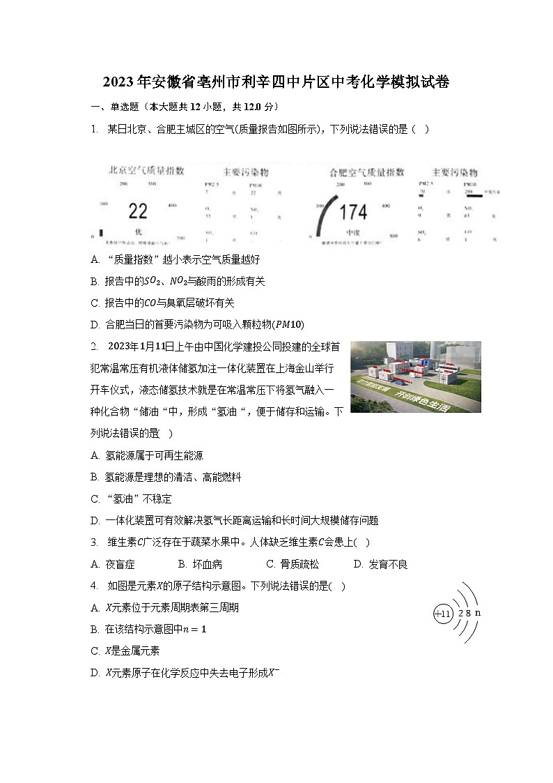 2023年安徽省亳州市利辛四中片区中考化学模拟试卷第1页