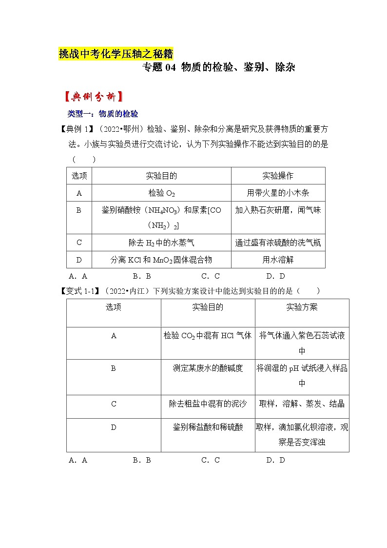 专题04 物质的检验、鉴别、除杂-挑战2023年中考化学压轴题之秘籍（原卷版）第1页