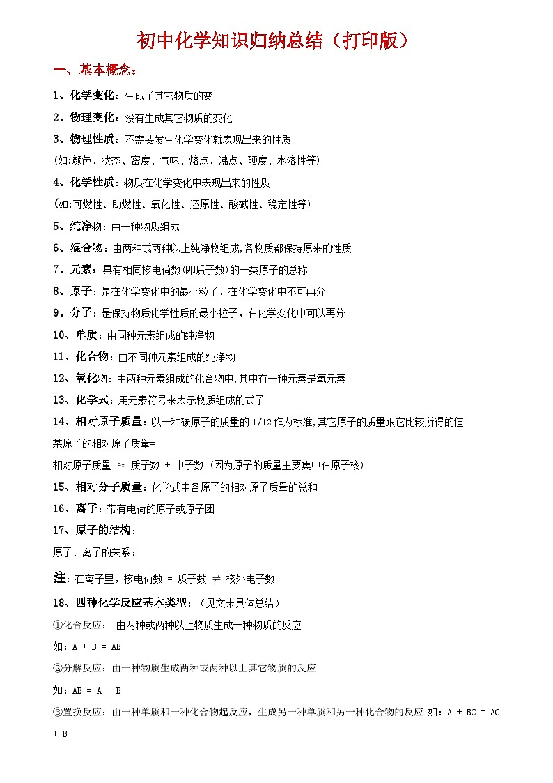 2024中考复习初中化学知识点归纳汇总（人教版）第1页