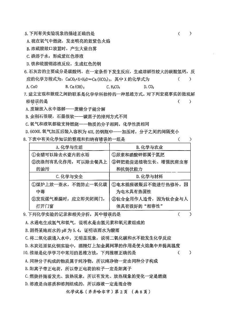 2023年黑龙江省齐齐哈尔市中考化学中考真题02