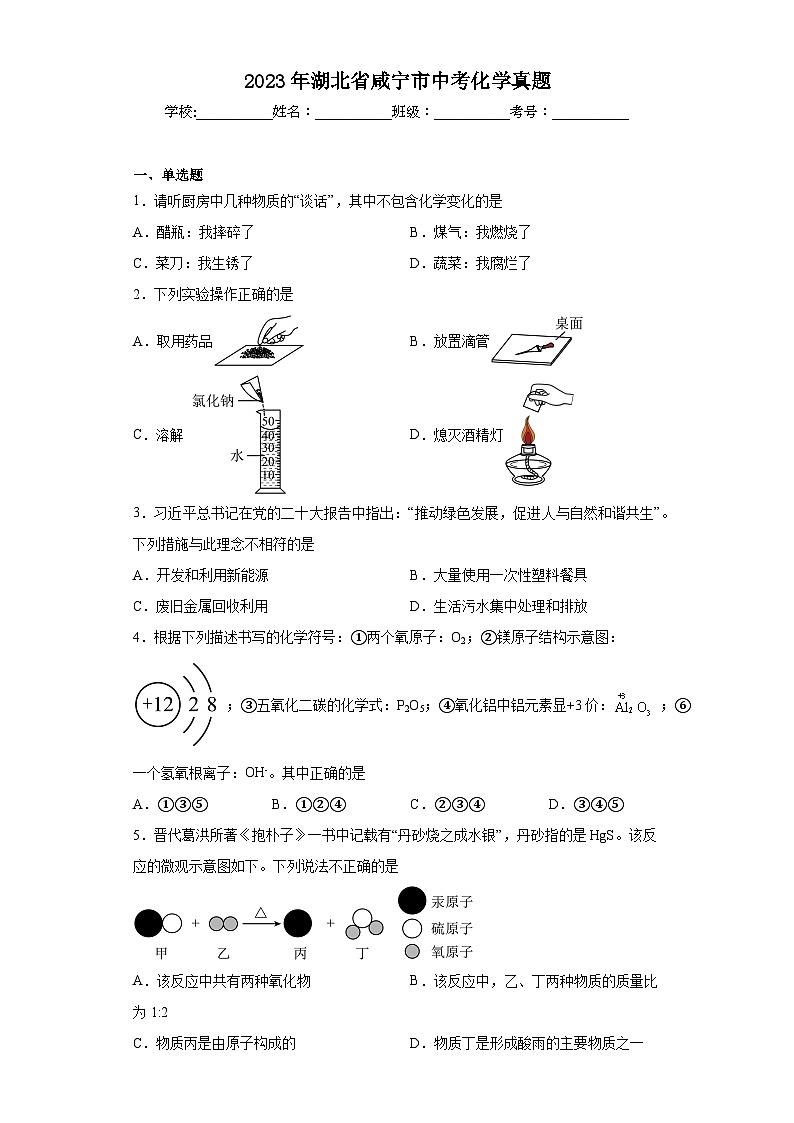 2023年湖北省咸宁市中考化学真题（含答案）01