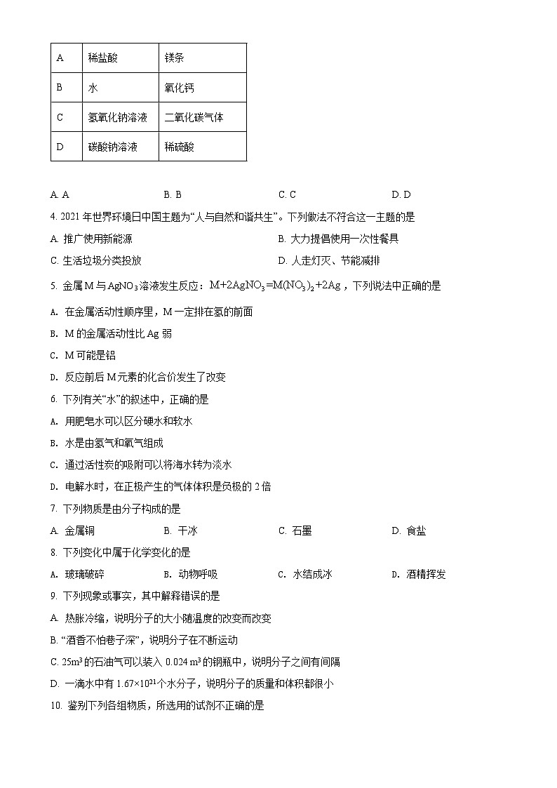 2022年江苏省南通市中考化学真题（原卷版）02
