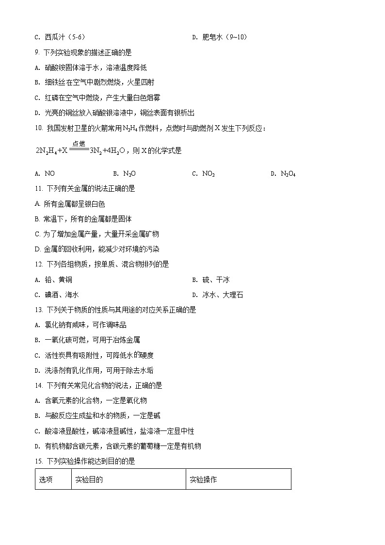 2022年辽宁省铁岭市葫芦岛市中考化学真题（原卷版）02