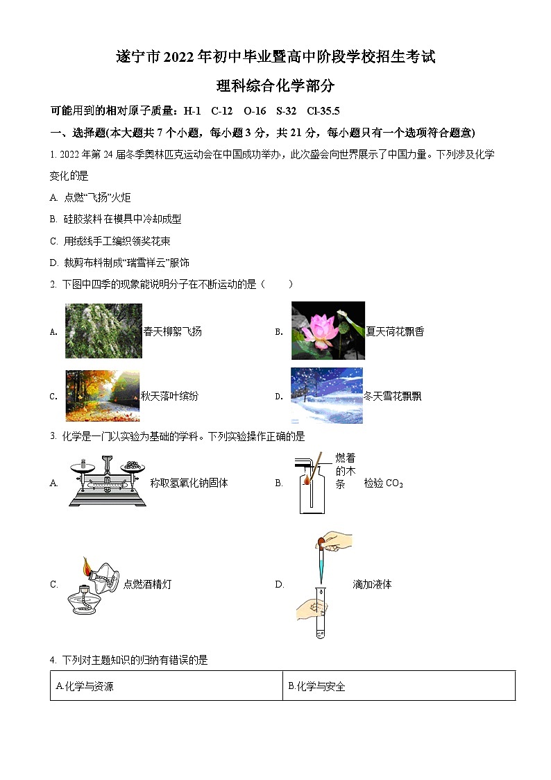 2022年四川省遂宁市中考化学真题（原卷版）01
