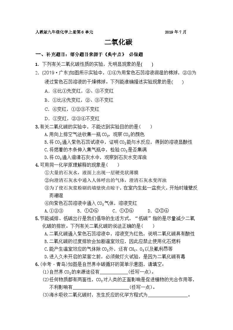 人教版九年级化学上册 第6单元 二氧化碳 课后巩固强化激活培优作业本01