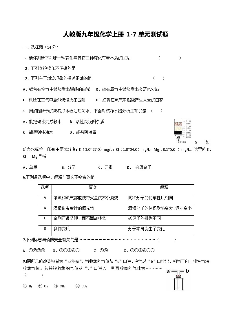 人教版九年级化学上册17单元测试题（无答案）第1页