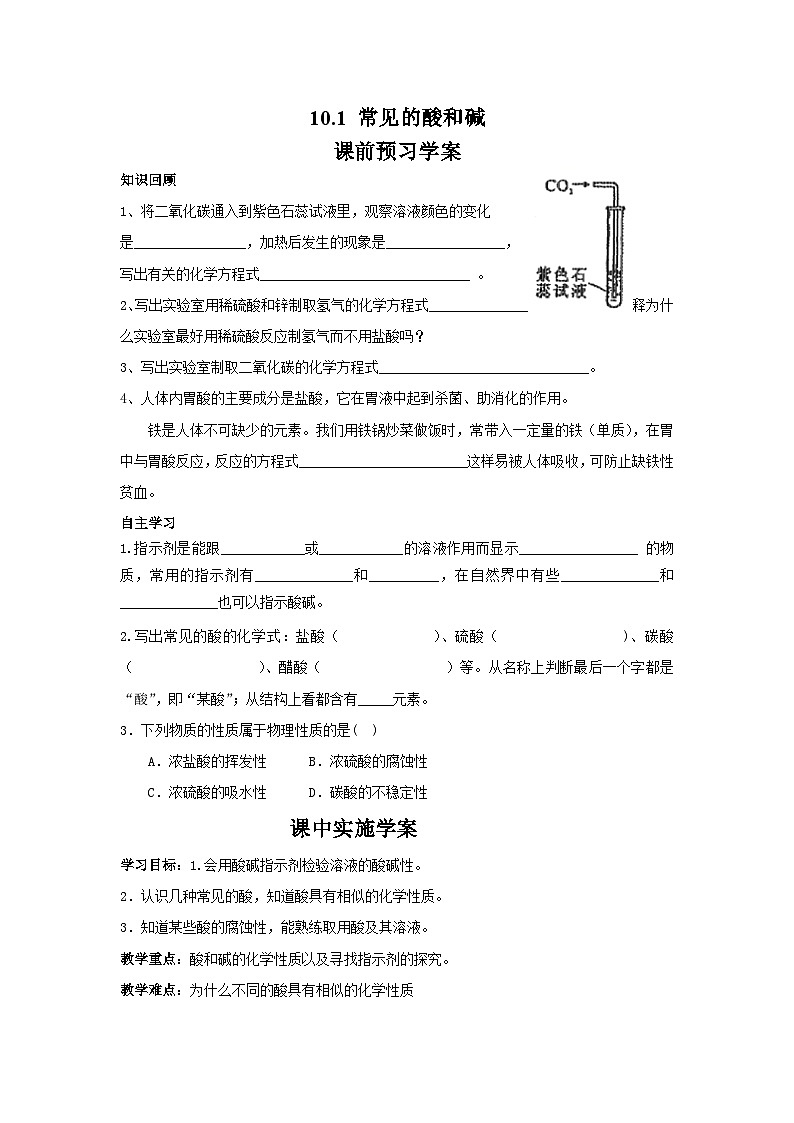 人教版九年级化学下册10.1.1 几种常见的酸学案（无答案）01