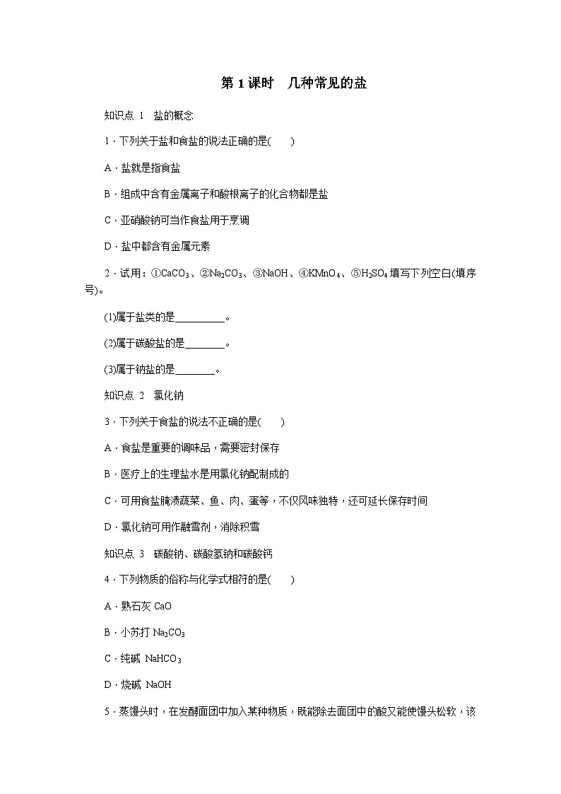人教版九年级化学下册11.1.1几种常见的盐练习题01