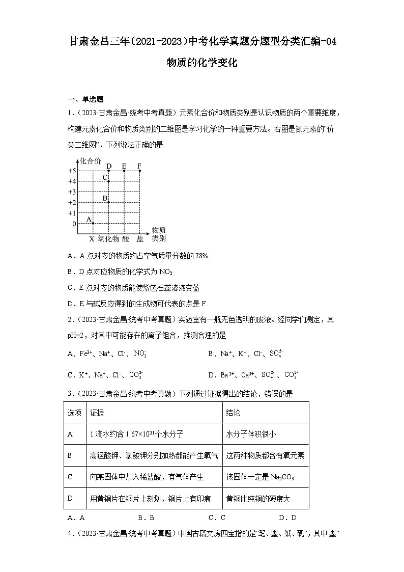 甘肃金昌三年（2021-2023）中考化学真题分题型分类汇编-04物质的化学变化01