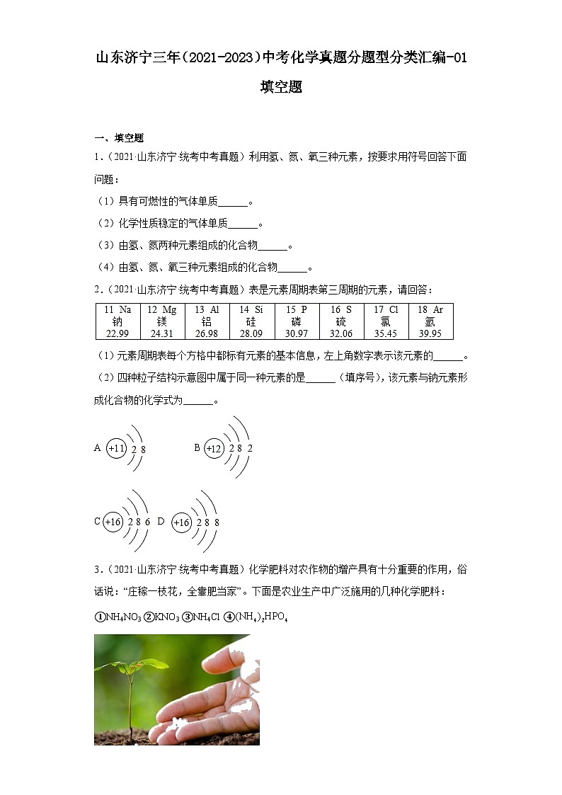 山东济宁三年（2021-2023）中考化学真题分题型分类汇编-01填空题第1页