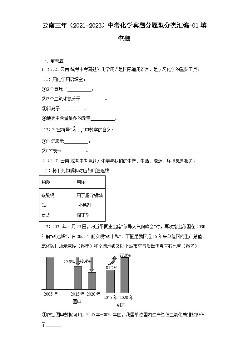 云南三年（2021-2023）中考化学真题分题型分类汇编-01填空题01