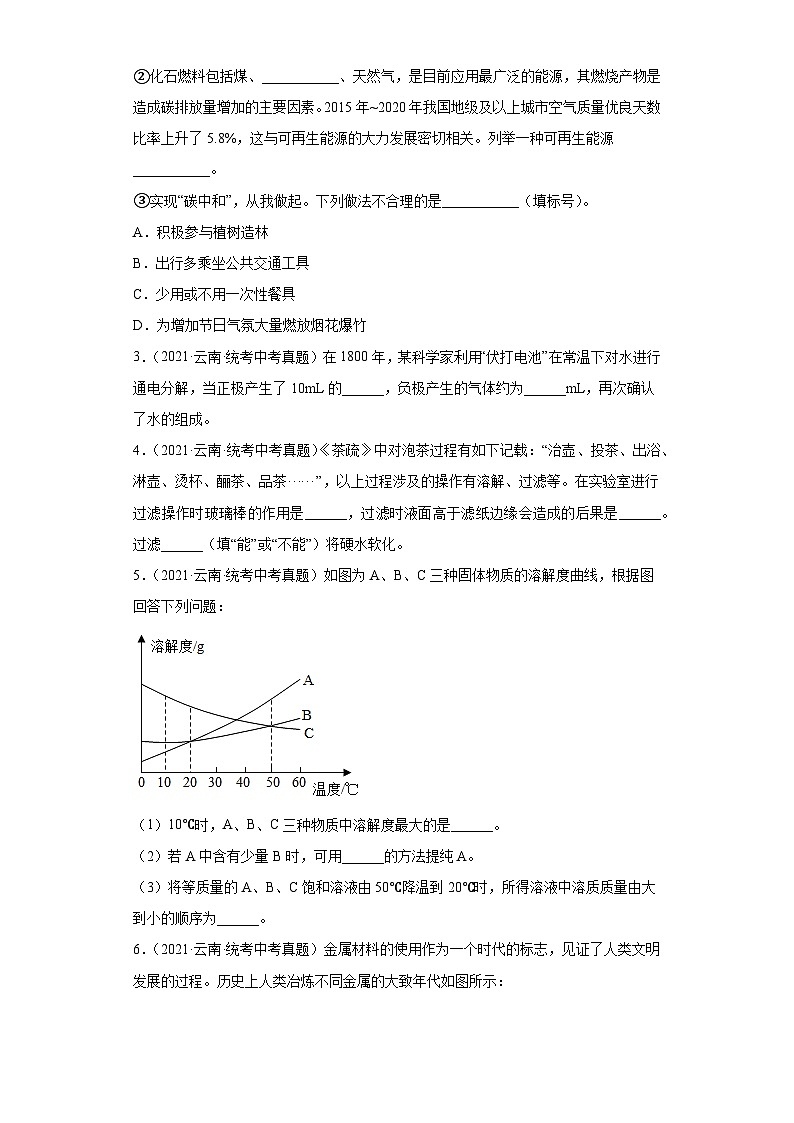 云南三年（2021-2023）中考化学真题分题型分类汇编-01填空题02