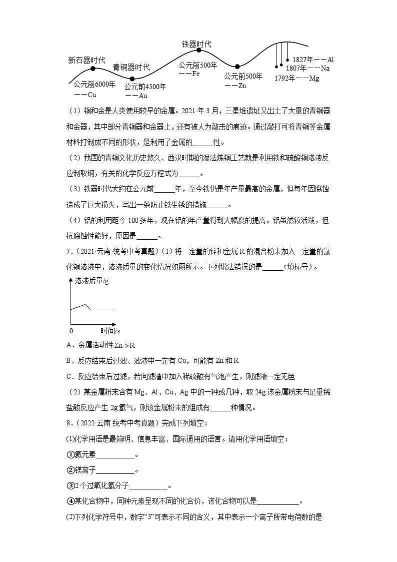 云南三年（2021-2023）中考化学真题分题型分类汇编-01填空题03