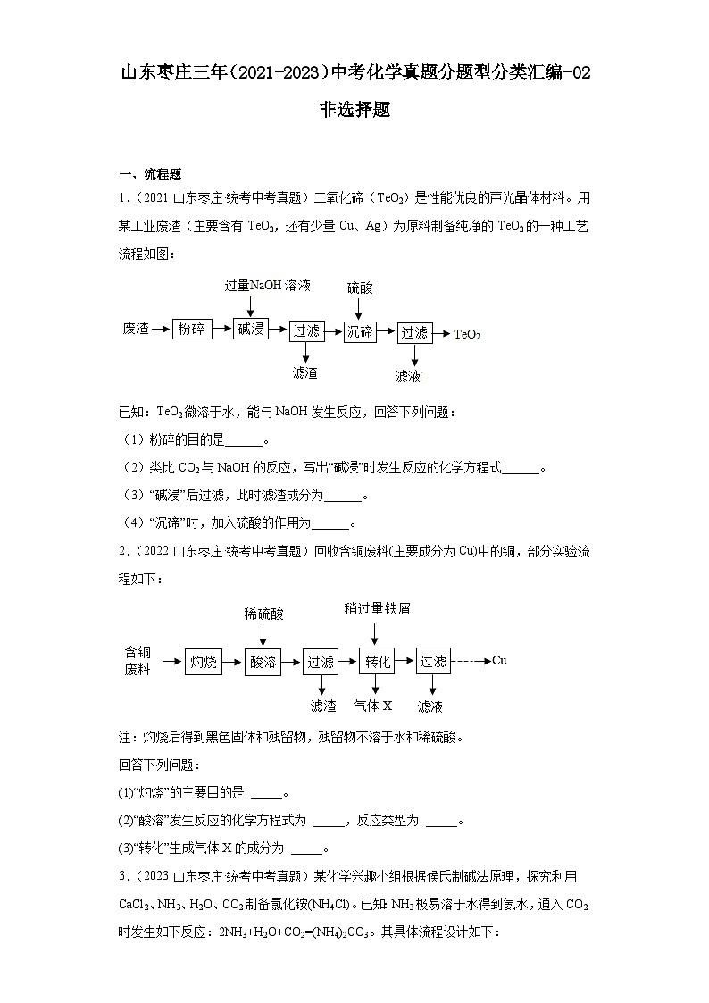 山东枣庄三年（2021-2023）中考化学真题分题型分类汇编-02非选择题第1页