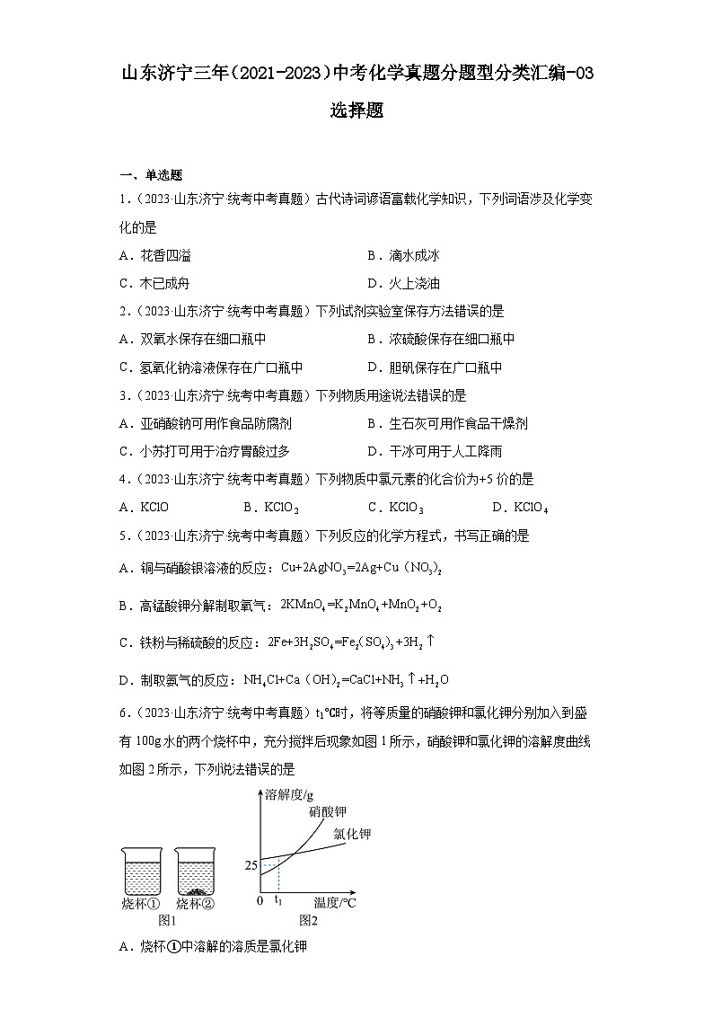 山东济宁三年（2021-2023）中考化学真题分题型分类汇编-03选择题第1页