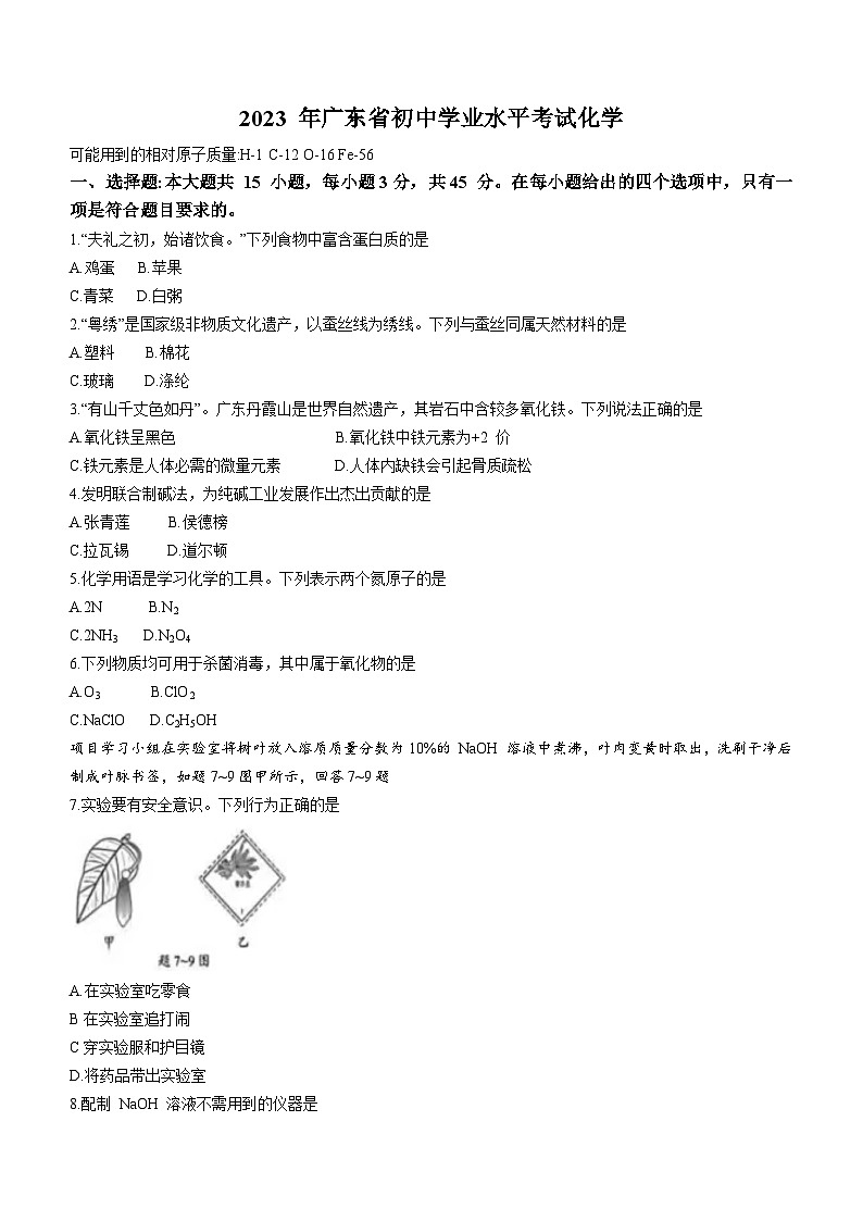 2023年广东省中考化学真题(无答案)第1页