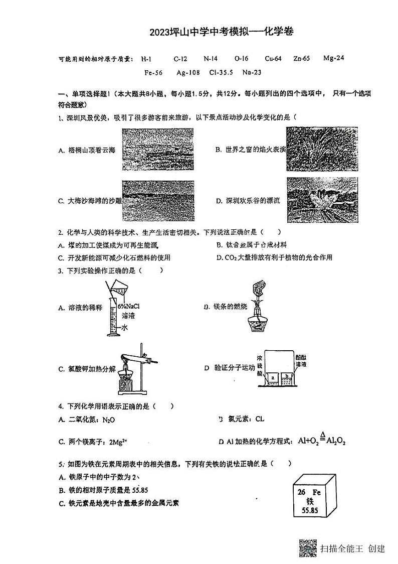 2023年广东省深圳市坪山区坪山中学中考模拟化学试卷第1页