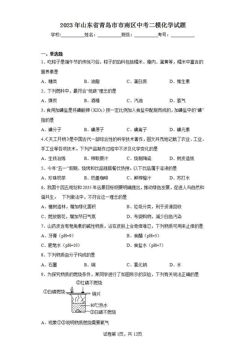 2023年山东省青岛市市南区中考二模化学试题（含答案）第1页
