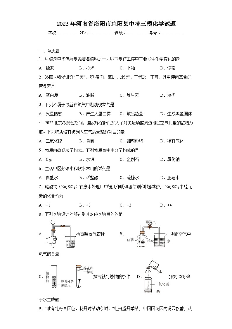 2023年河南省洛阳市宜阳县中考三模化学试题（含解析）第1页