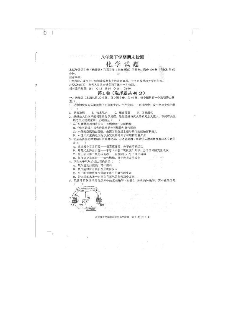 山东省泰安市新泰市2022-2023学年八年级下学期7月期末化学试题第1页