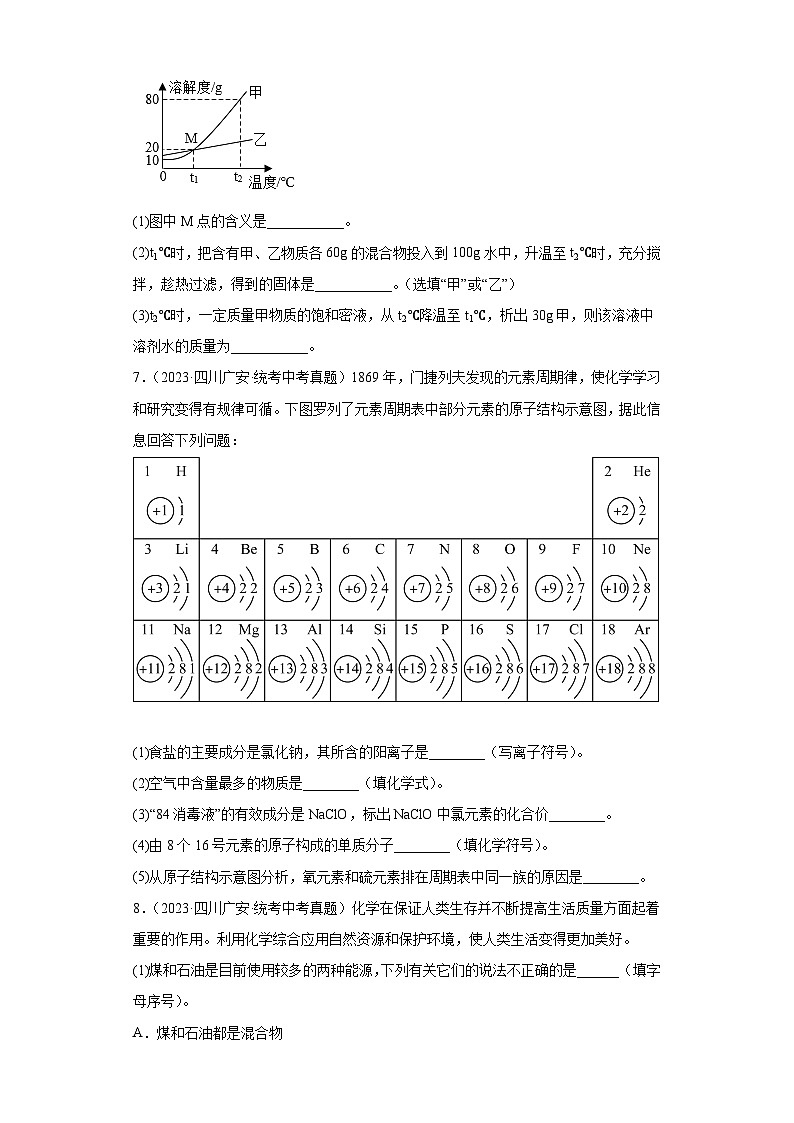 四川广安三年（2021-2023）中考化学真题分题型分类汇编-01填空题03