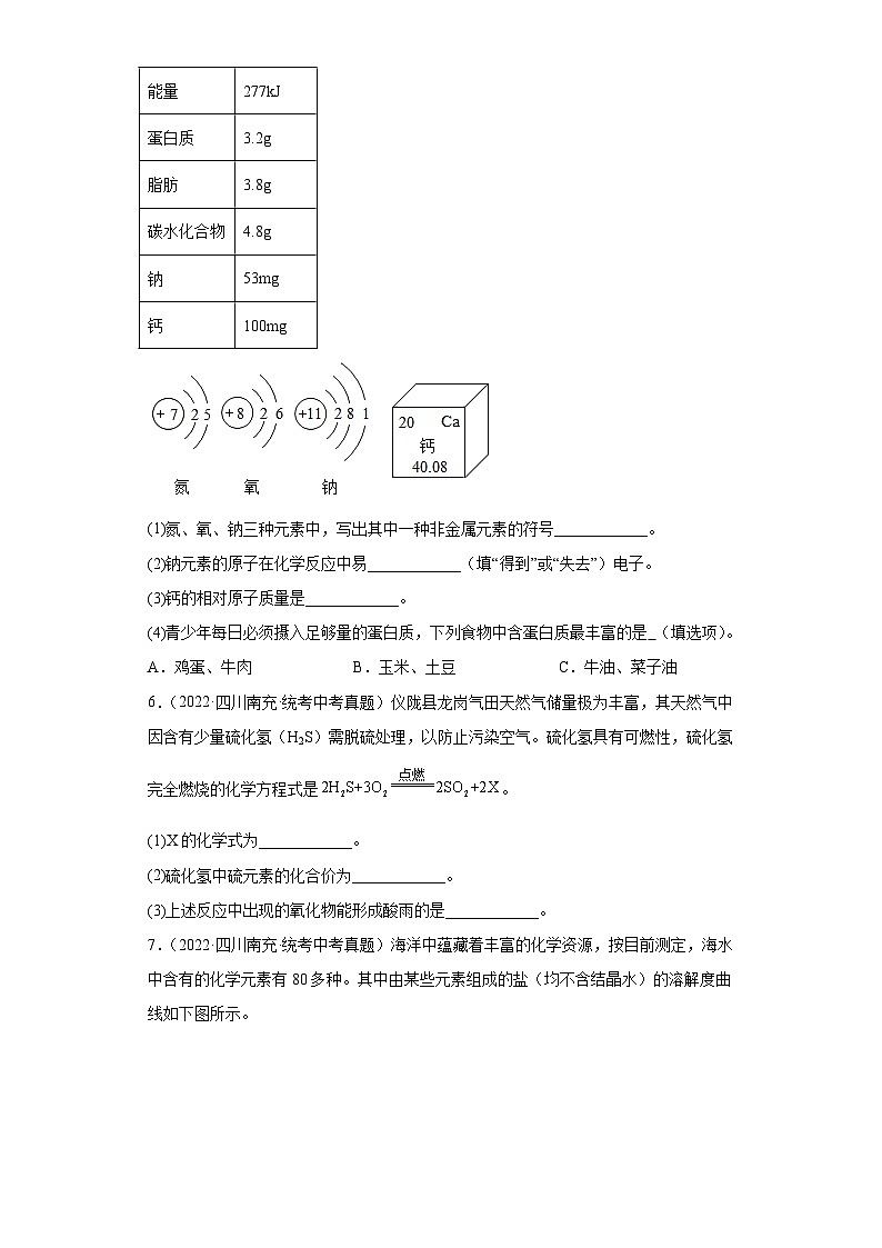四川南充三年（2021-2023）中考化学真题分题型分类汇编-01填空题03