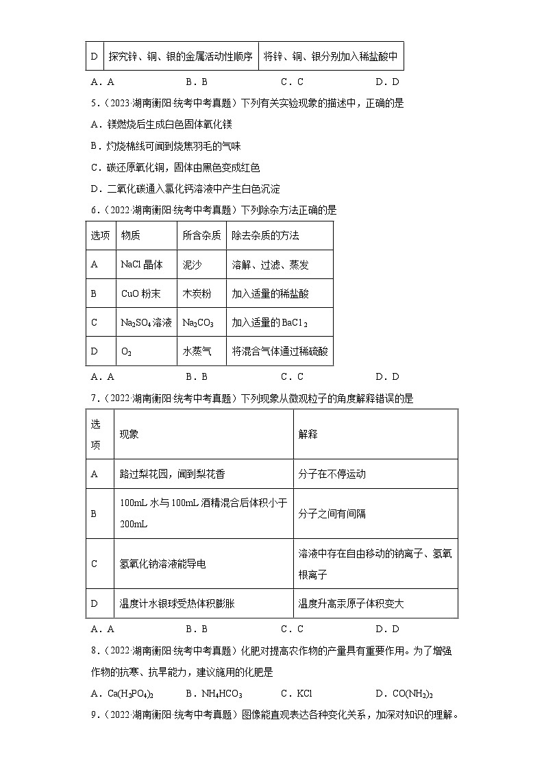 湖南衡阳三年（2021-2023）中考化学真题分题型分类汇编-06生活中常见的化合物02