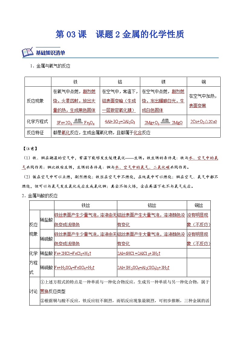 第03课  课题2金属的化学性质-九年级化学下学期课后培优分级练（人教版）01