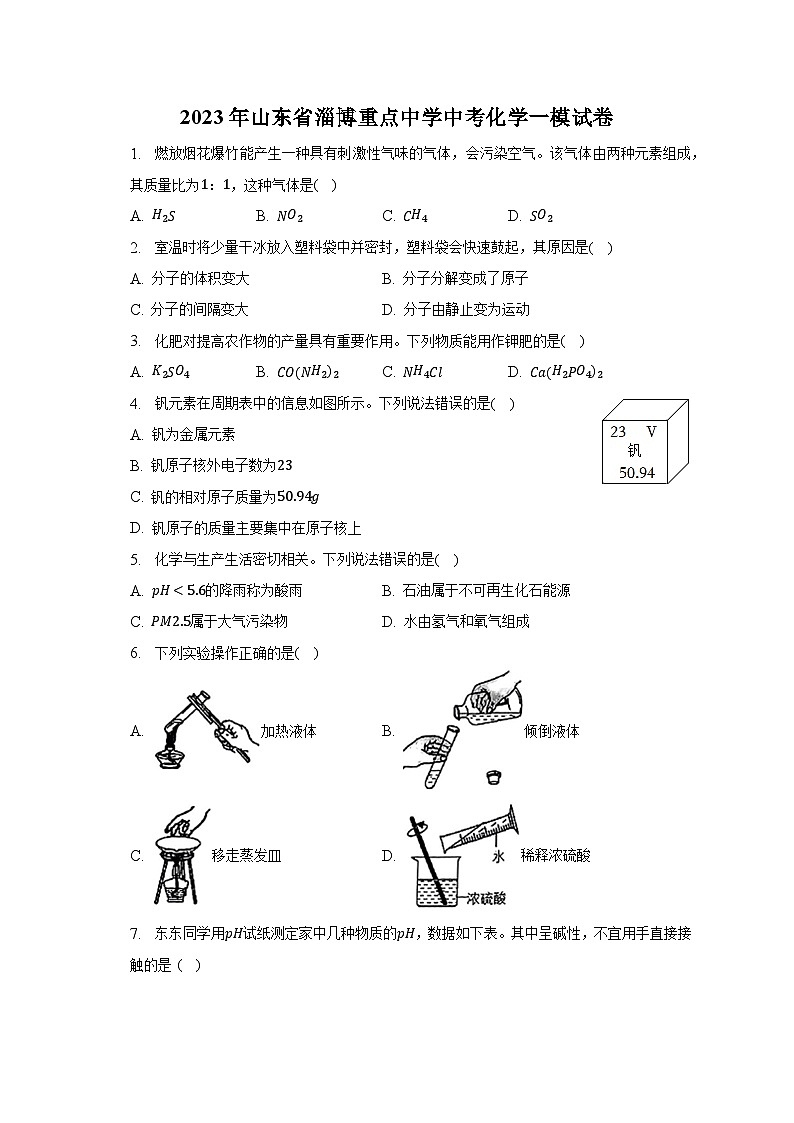 2023年山东省淄博重点中学中考化学一模试卷（含解析）01