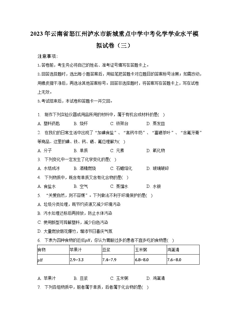 2023年云南省怒江州泸水市新城重点中学中考化学学业水平模拟试卷（三）（含解析）01