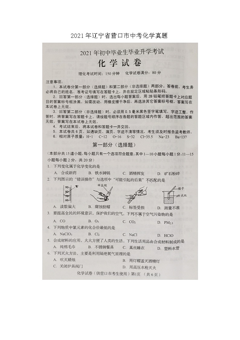 2021年辽宁省营口市中考化学真题01