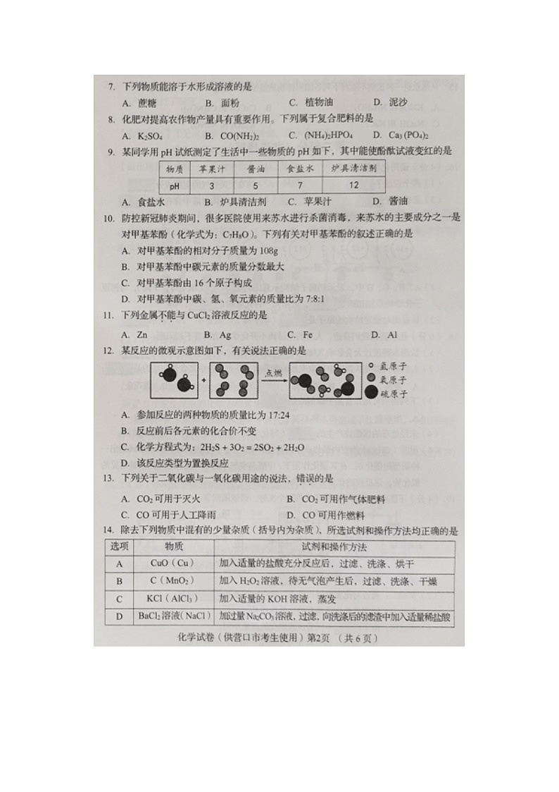 2021年辽宁省营口市中考化学真题02