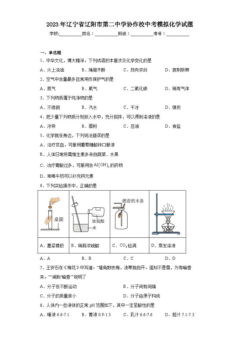 2023年辽宁省辽阳市第二中学协作校中考模拟化学试题（含解析）第1页