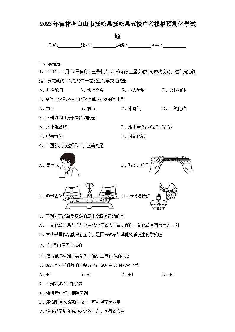 2023年吉林省白山市抚松县抚松县五校中考模拟预测化学试题（含解析）01