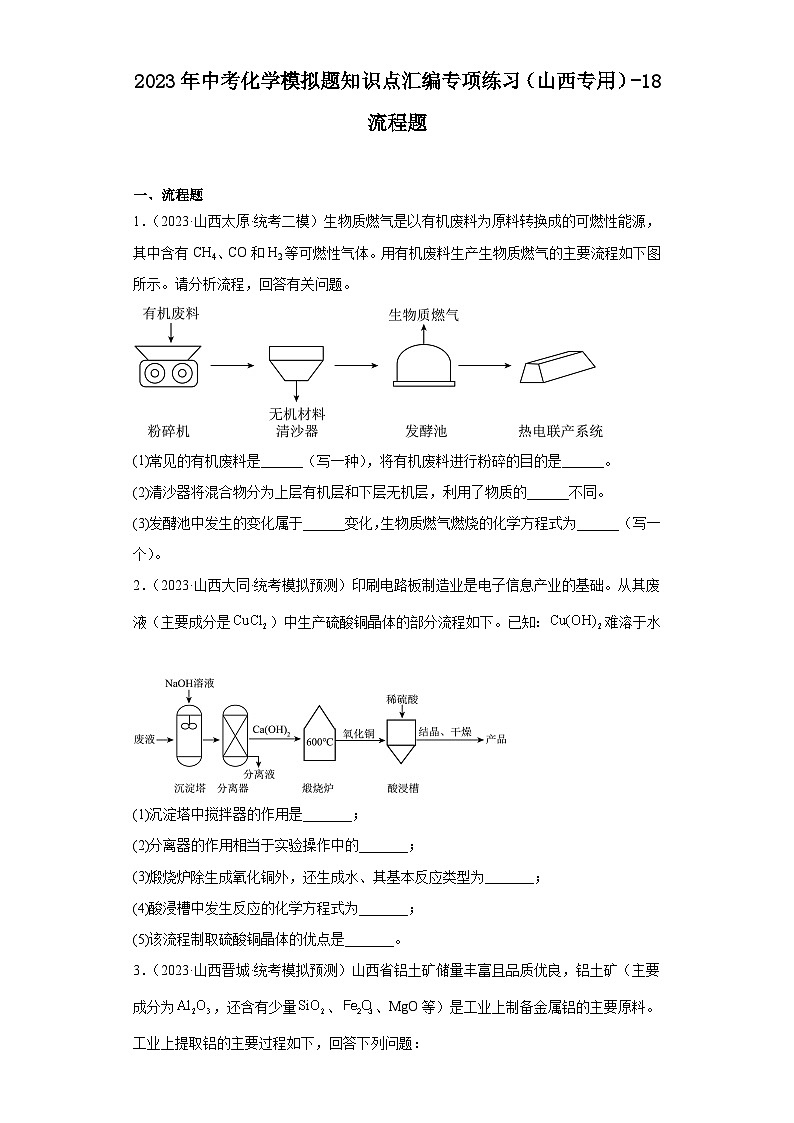 2023年中考化学模拟题知识点汇编专项练习（山西专用）-18流程题第1页
