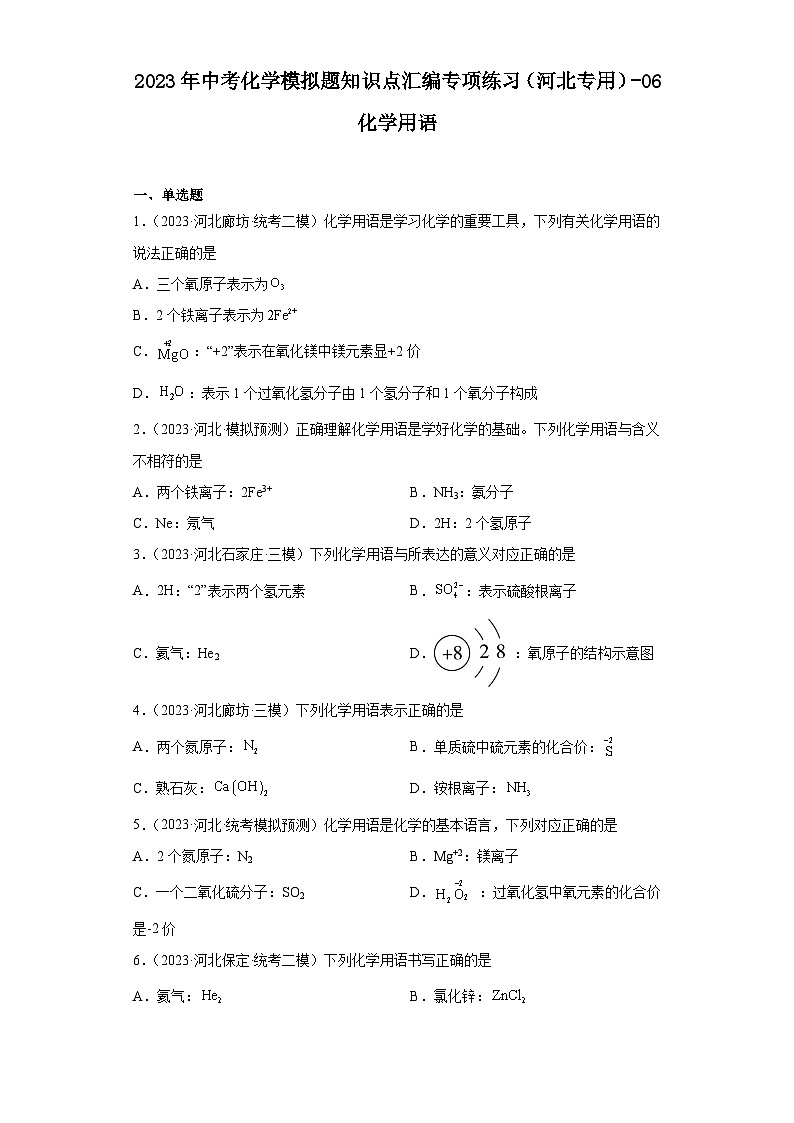 2023年中考化学模拟题知识点汇编专项练习（河北专用）-06化学用语第1页