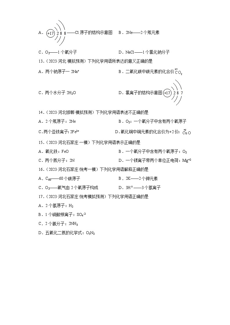 2023年中考化学模拟题知识点汇编专项练习（河北专用）-06化学用语第3页