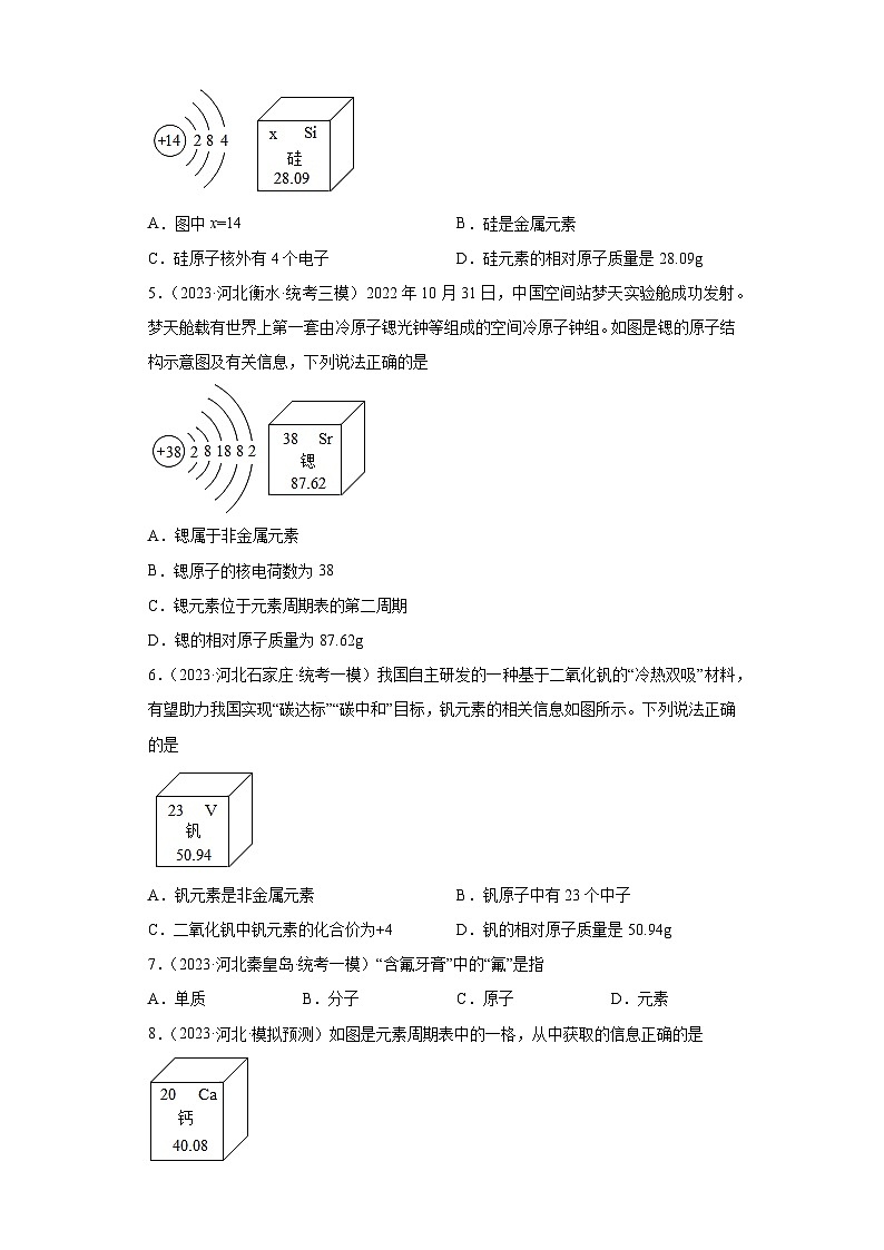 2023年中考化学模拟题知识点汇编专项练习（河北专用）-07元素及元素周期表第2页