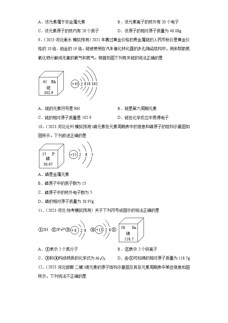 2023年中考化学模拟题知识点汇编专项练习（河北专用）-07元素及元素周期表第3页