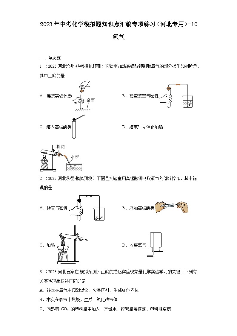 2023年中考化学模拟题知识点汇编专项练习（河北专用）-10氧气第1页