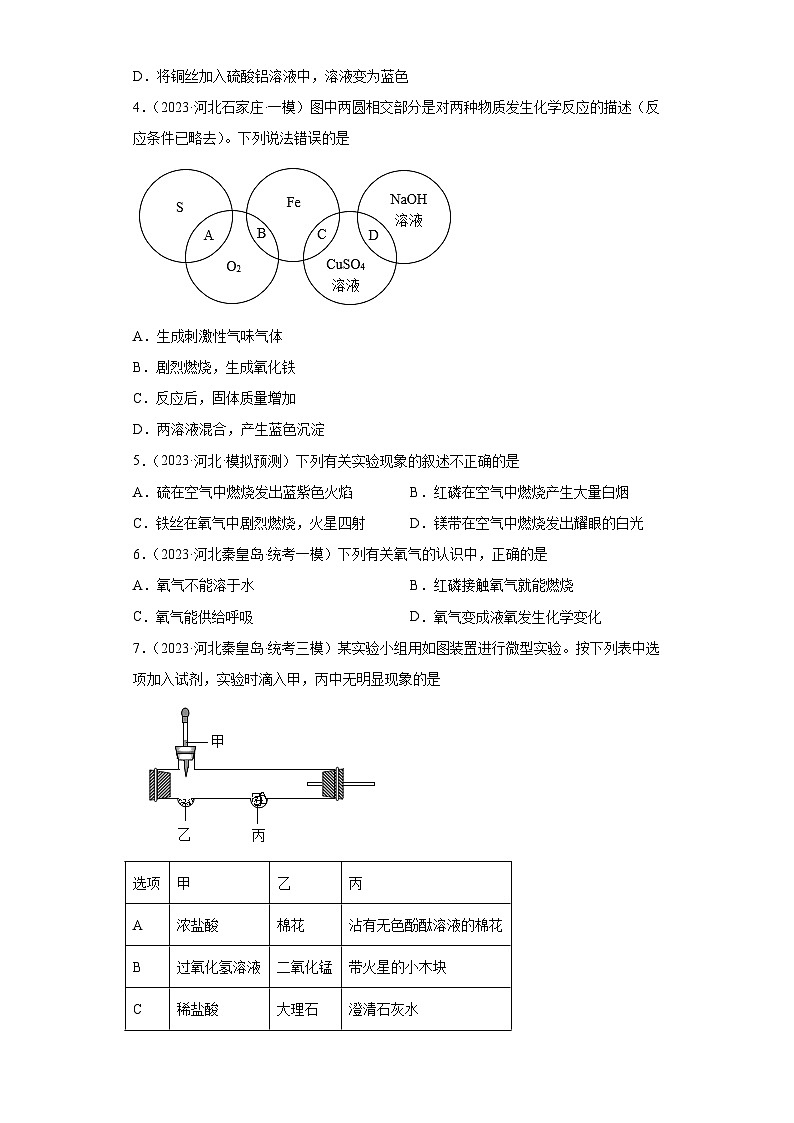 2023年中考化学模拟题知识点汇编专项练习（河北专用）-10氧气第2页