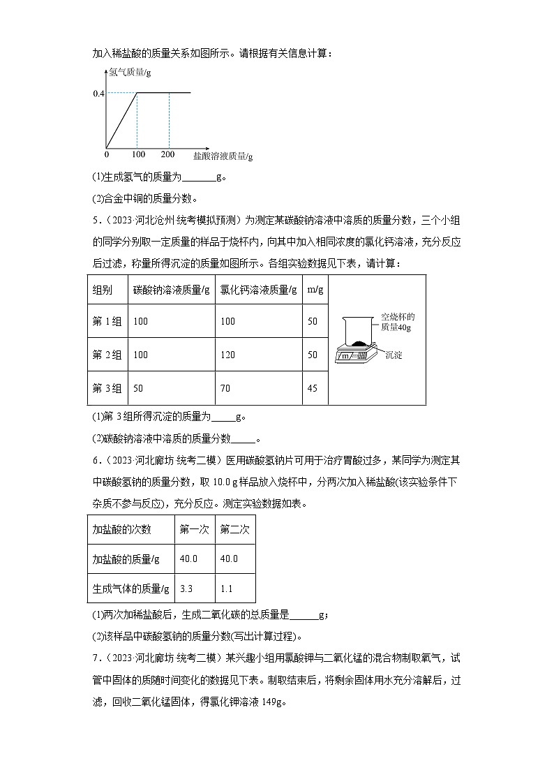 2023年中考化学模拟题知识点汇编专项练习（河北专用）-23计算题①第2页