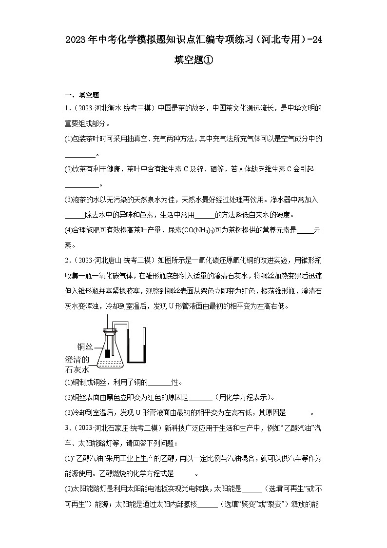 2023年中考化学模拟题知识点汇编专项练习（河北专用）-24填空题①第1页