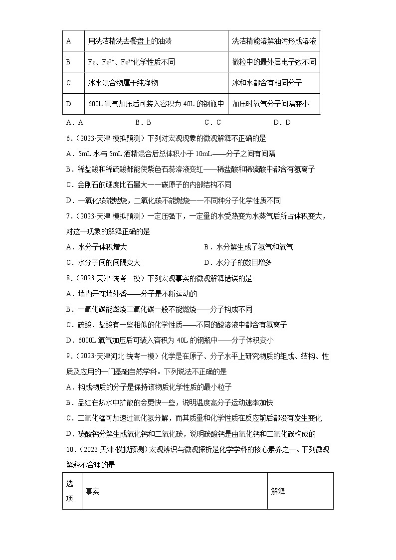 2023年中考化学模拟题知识点汇编专项练习（天津专用）-06物质的微粒性第2页