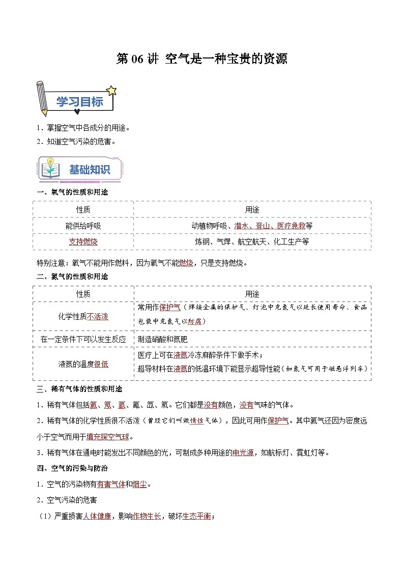 【暑假提升】人教版化学新九年级（八升九）暑假预习-第06讲 空气是一种宝贵的资源  讲学案01