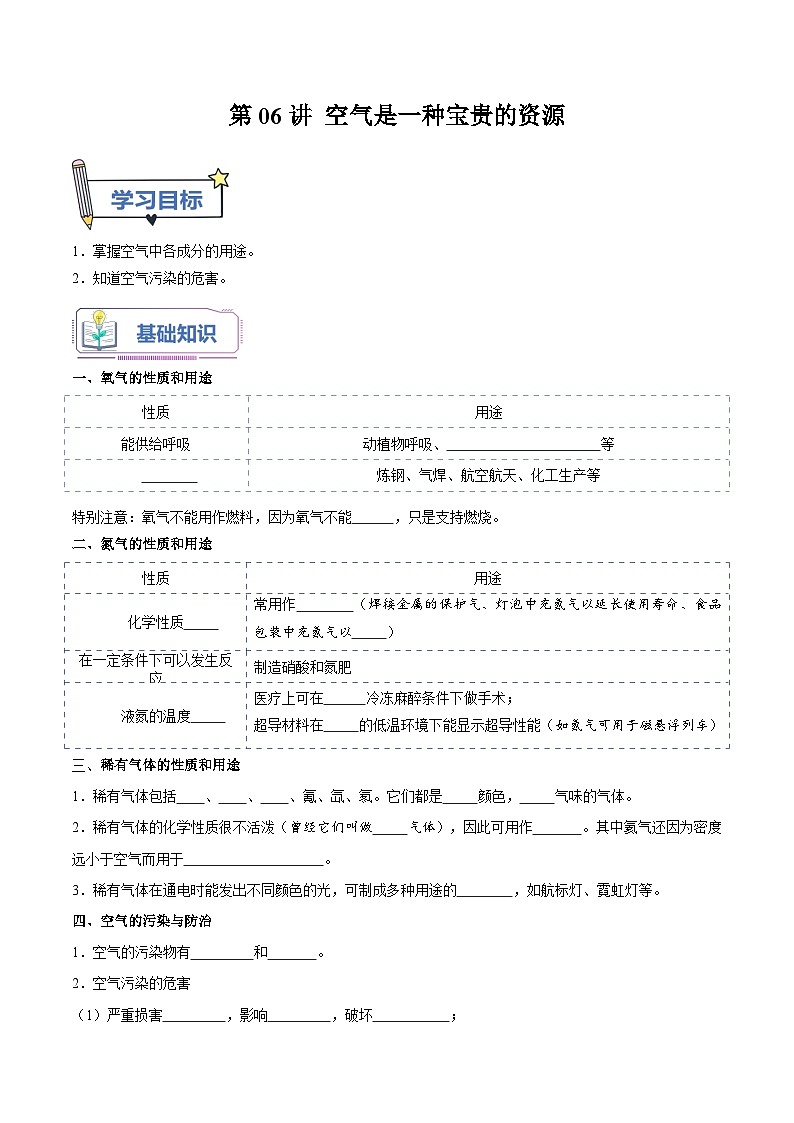 【暑假提升】人教版化学新九年级（八升九）暑假预习-第06讲 空气是一种宝贵的资源  讲学案01