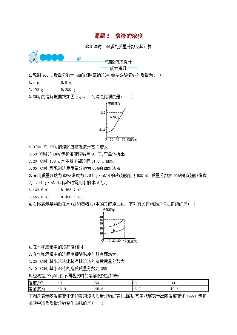 2023九年级化学下册第九单元溶液课题3溶液的浓度第1课时溶质的质量分数及其计算课后习题新版新人教版第1页