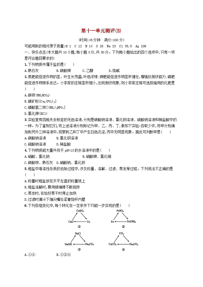 2023九年级化学下册第十一单元盐化肥测评(B)新版新人教版第1页